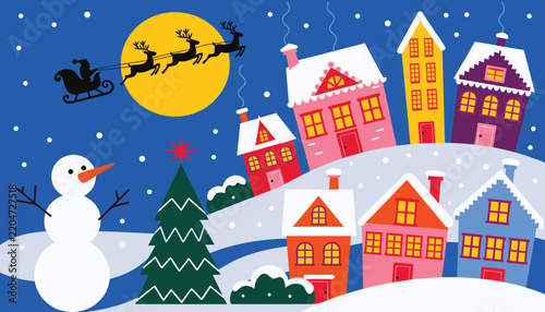 Christmas village scene with snowman and Santa's sleigh in a starry night sky vector illustration