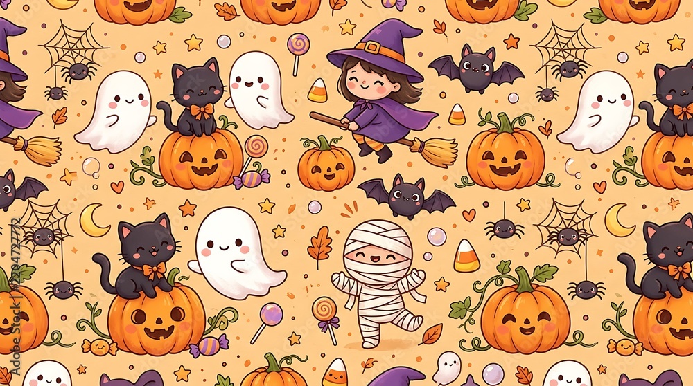 Fototapeta premium Cute Halloween seamless pattern with pumpkins, ghosts, black cats, little witch, mummy, bats, and spiders 