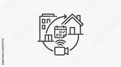Minimalist line art icon of a city building against a globe sphere