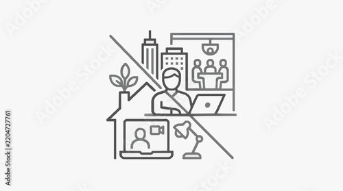 Line art icon showing remote work from home and urban sustainability