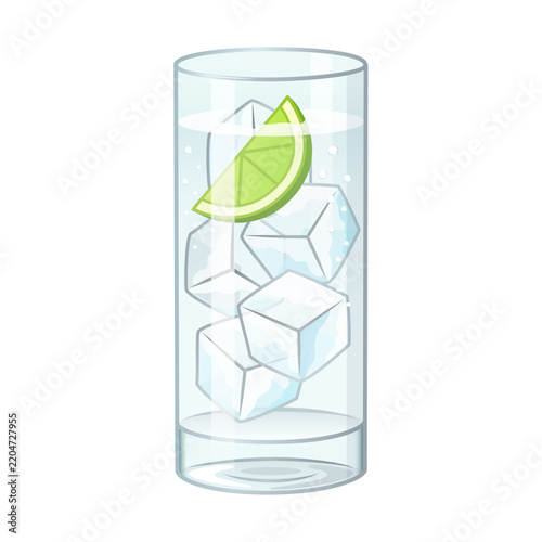 Gin and tonic cocktail vector illustration with lime and ice cubes