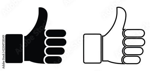 Thumbs up hand gesture icon set featuring positive like vote, approval symbol, social media feedback, and agreement expression in outline and solid black vector illustration isolated