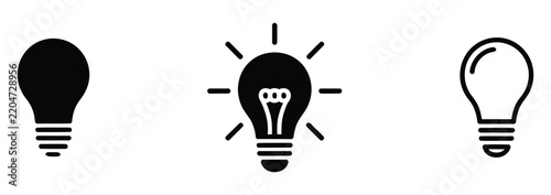 Light bulb idea icon set featuring simple bulb silhouette, glowing lightbulb with rays, and outline lamp symbol for innovation concept vector illustration isolated