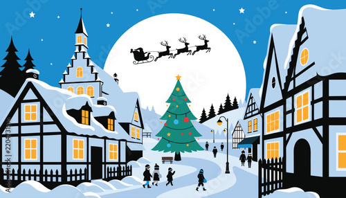 Winter village scene with Santa sleigh flying over Christmas tree and houses under moonlit sky