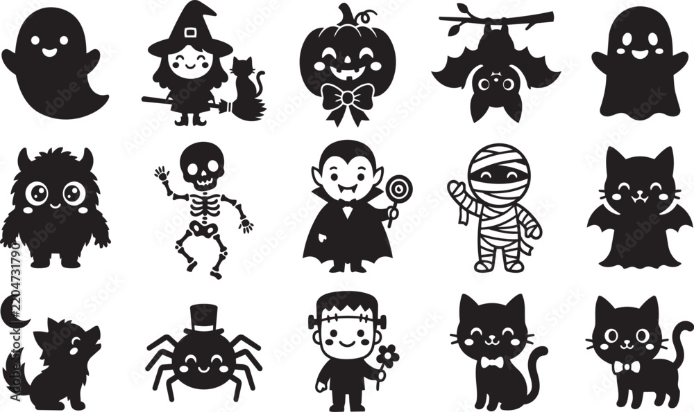 Obraz premium Cute halloween character silhouette featuring ghosts, witches, pumpkins, bats, skeletons, vampires, mummies, and cats on white background