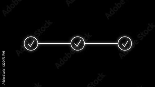 White Glowing Progress Bar Animation with Checkmarks on Black Background – 3 Step Process Bar UI Element