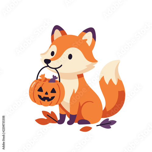 Cute cartoon fox carrying a pumpkin candy bucket.