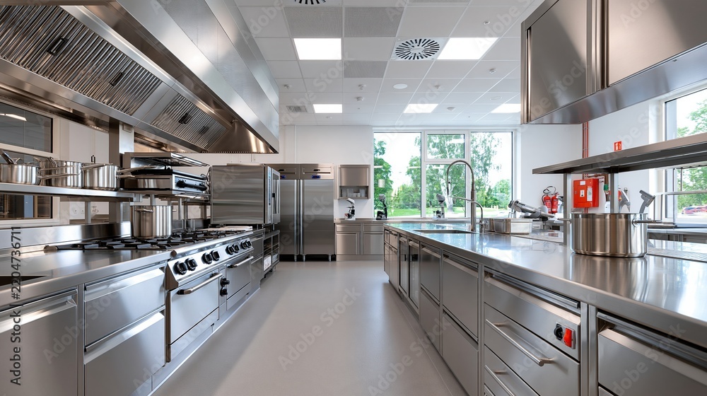 Obraz premium Modern Stainless Steel Commercial Kitchen Equipment with Large Window and Natural Light