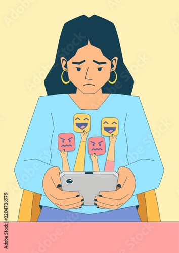 Obraz na plátně Illustration of cyber bullying through smartphones and social media, depicting online harassment, hateful messages, and digital intimidation