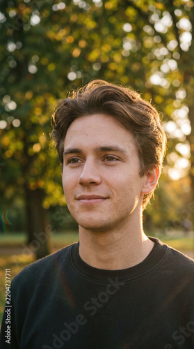 Warm Golden Hour Portrait of Friendly Young Man in Park with Tree Bokeh
