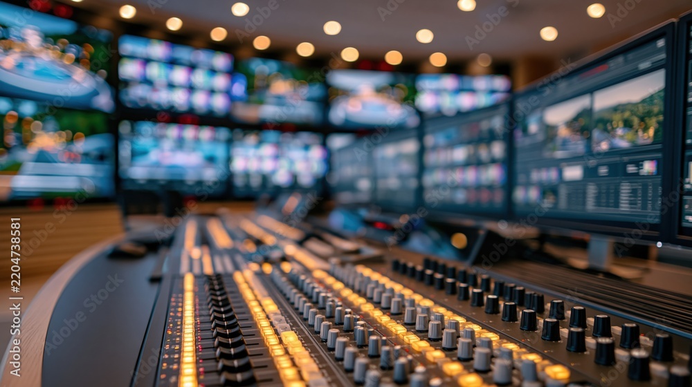 Obraz premium Professional broadcast studio control room with multiple monitors and audio mixing console