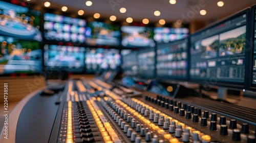 Professional broadcast studio control room with multiple monitors and audio mixing console