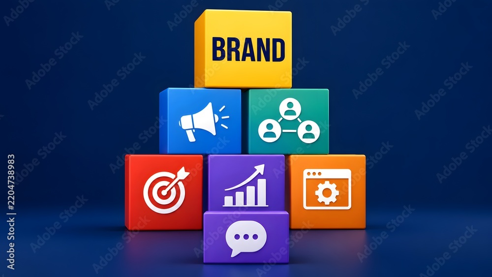 Fototapeta premium Brand Strategy Building Blocks Pyramid With Communication And Growth Icons