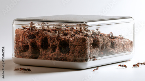 Ants scurry around a transparent container filled with rich, dark soil