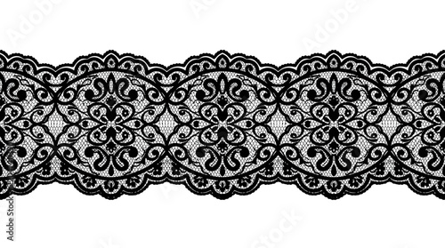 Seamless black lace border with intricate floral and scroll pattern on a white background, elegant decorative design element.