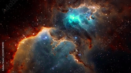 Cyan and Orange Nebula with Glowing Stars in Deep Space 4K