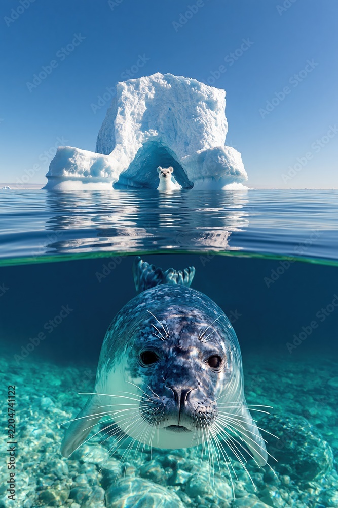 Obraz premium Underwater Seal and Arctic Iceberg Landscape with Curious Fox on Top