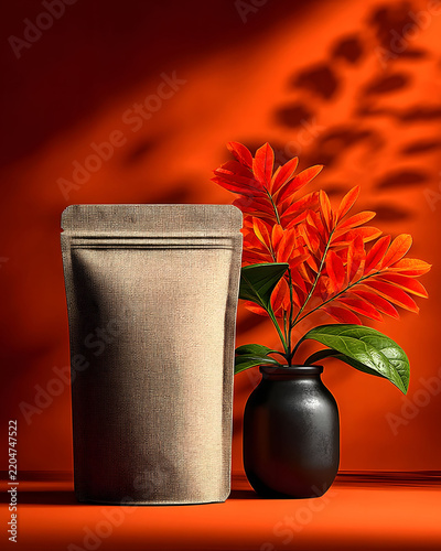 Autumn Inspired Mockup with Textured Kraft Pouch and Vase of Vibrant Leaves