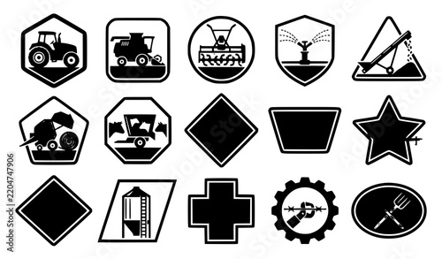 Agricultural Machinery and Livestock Farming Equipment Badge Icon Set
