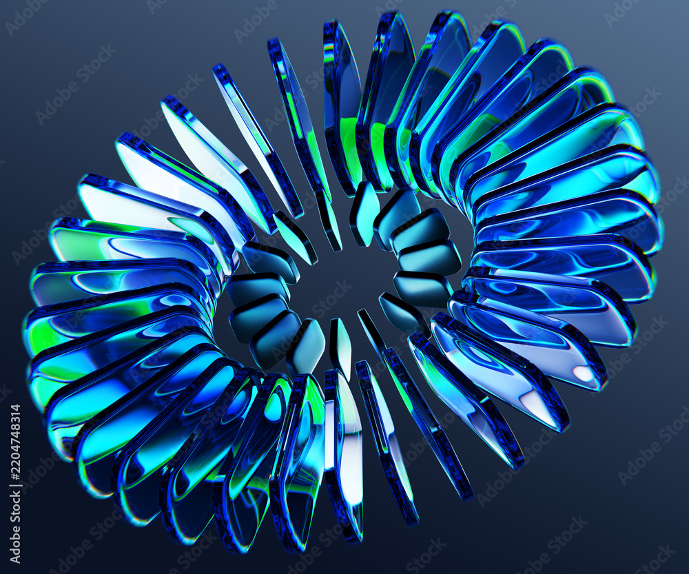 Obraz premium Circle glass radial line pattern with glow blue green neon light effect on dark 3d background. Vibrant circular array, abstract crystal ring. Futuristic AI data, modern digital tech. 3D illustration