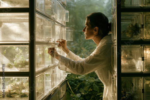 Woman examines plants in controlled growing units