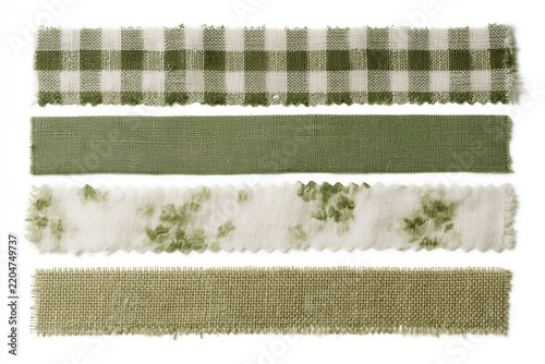 Four rustic fabric strips in olive green and cream, sewing and craft supplies