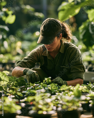 Green-gloved hands tend to seedlings in rows of pots