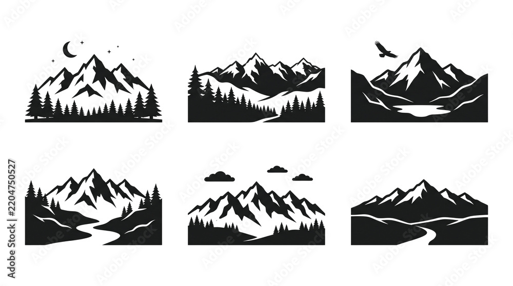 Fototapeta premium Mountain range silhouettes with trees and water a vector illustration collection