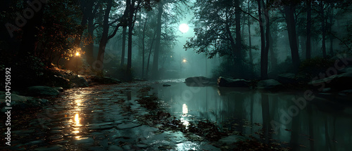 Enchanted Forest Stream Under Moonlight - Mystical Nature Landscape for Print, Card, Poster