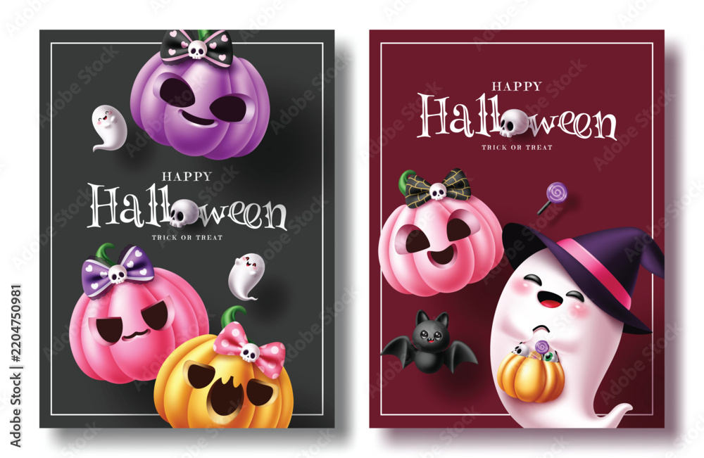 Fototapeta premium Cute Halloween Pumpkin and Ghost Trick or Treat Poster Clipart Set. Halloween greeting and party invitation card clip art template collection with colorful pink, purple and orange pumpkins, adorable