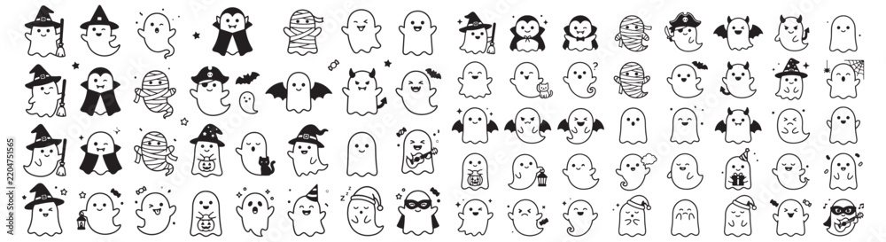 Fototapeta premium Cute Ghost Line Art Icon Set, Spooky Spirits and Friendly Halloween Monochome Graphics Collection