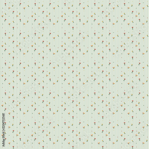 Delicate Floral Seamless Pattern with Vertical Stripes and Tiny Colorful Blossoms