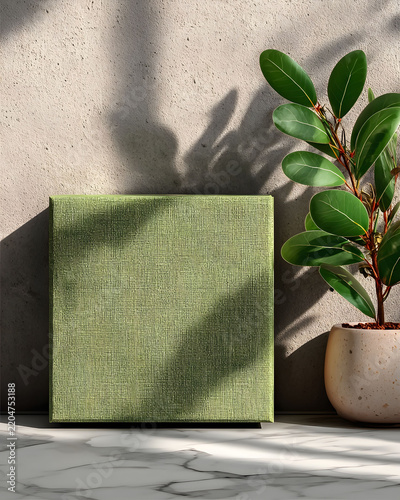 Modern Minimalist Decor with Green Canvas and Fiddle Leaf Fig Plant in Sunlit Room