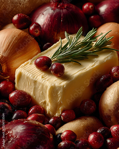 Festive Holiday Culinary Ingredients with Butter, Onions, Cranberries, and Rosemary for Winter Recipes