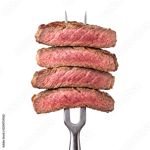 Slices of Medium Rare Grilled Beef Steak on Meat Fork Isolated on White Background 