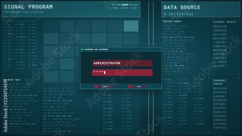 Hacker login screen with password entry and access granted HUD