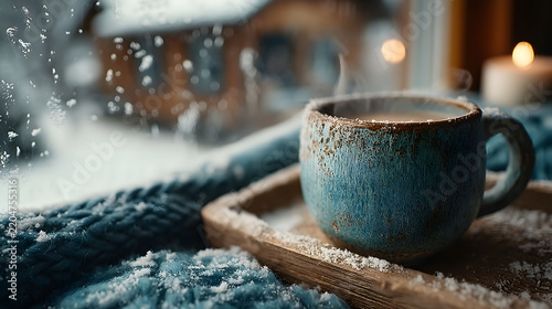 Cozy Winter Morning with Steaming Hot Beverage by a Frosty Window