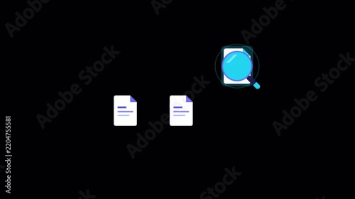 Animated magnifying glass scanning digital document icons. 4K alpha channel