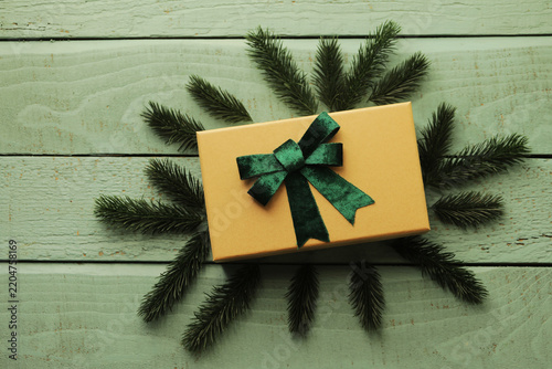 christmas gift box on wooden background. December. Celebration. Christmas