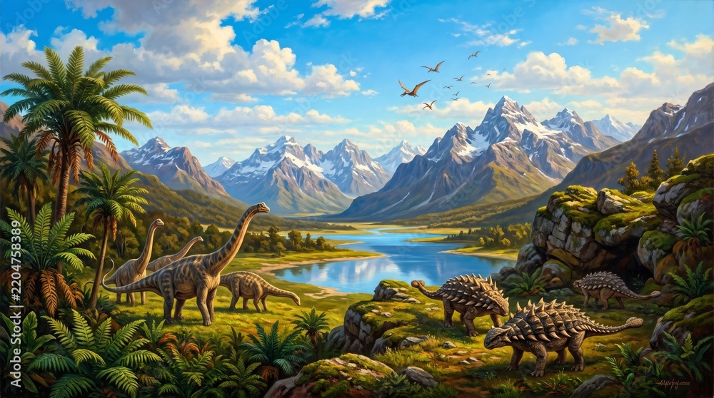 Obraz premium Majestic long necked sauropods and armored ankylosaurs roaming peacefully across lush prehistoric river valley with snowy mountains