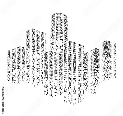 Building City Vector Modern city skyline silhouette with glowing digital elements and abstract geometric patterns creating futuristic urban building landscape on white background
