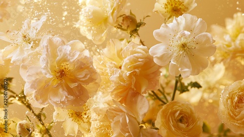 Delicate yellow rose Rosa rubiginosa flowers underwater with bright light