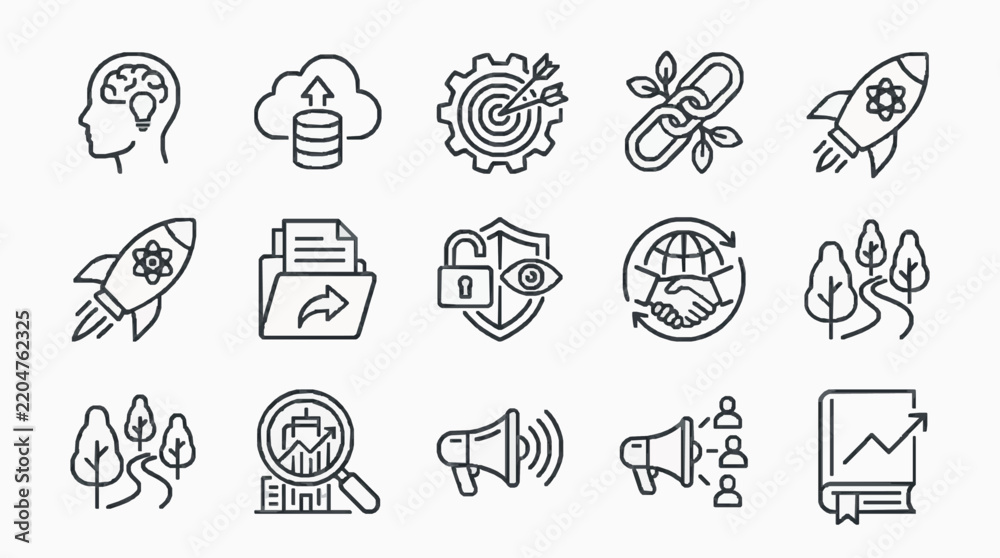 Fototapeta premium Technology and business linear outline icons set for digital concepts