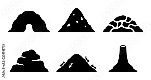 Diverse Ant Hill Icons, Insect Colony Structures, Underground Burrows, Natural Landscape Elements, Vector Graphics