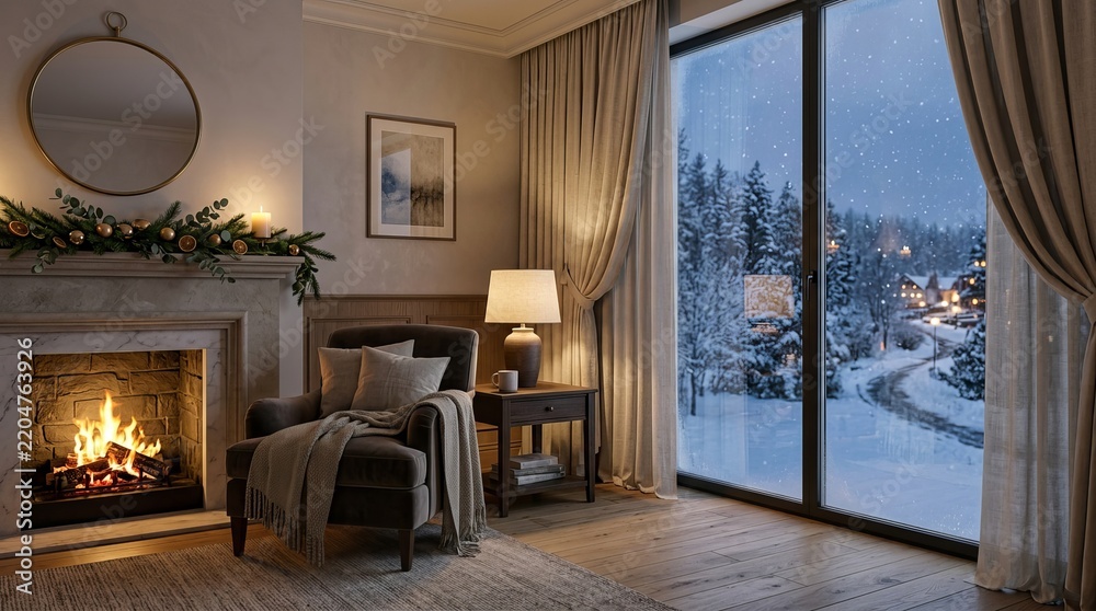 Obraz premium Cozy hotel suite with fireplace and snowy winter landscape view armchair