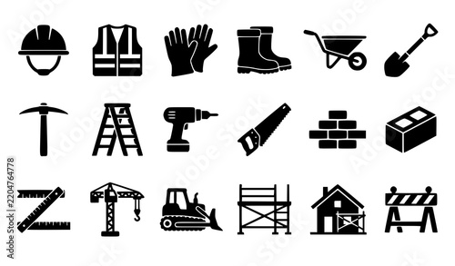 Construction Tools and Building Work Labor Day Silhouette Vector Icons