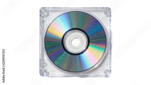 Obraz na plátně Shiny compact disc with rainbow reflections in clear plastic case, isolated on t