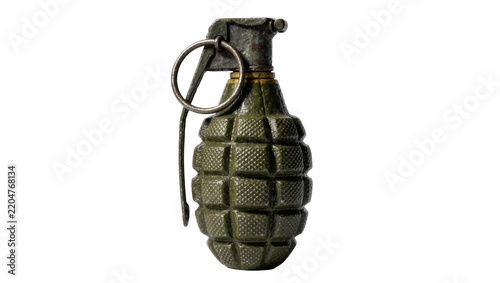 Картината върху платно Green fragmentation hand grenade with metal pin and ring, isolated on transparen