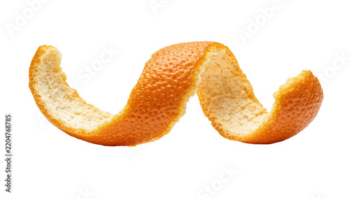 Orange peel spiral, textured citrus zest isolated on transparent background