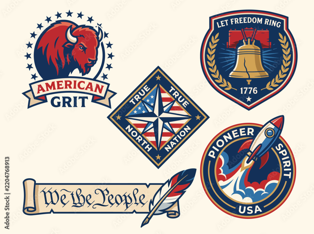 Fototapeta premium A collection of badges and symbols that resonate with American patriotism, freedom, and unity, featuring iconic designs and elements celebrating national pride.